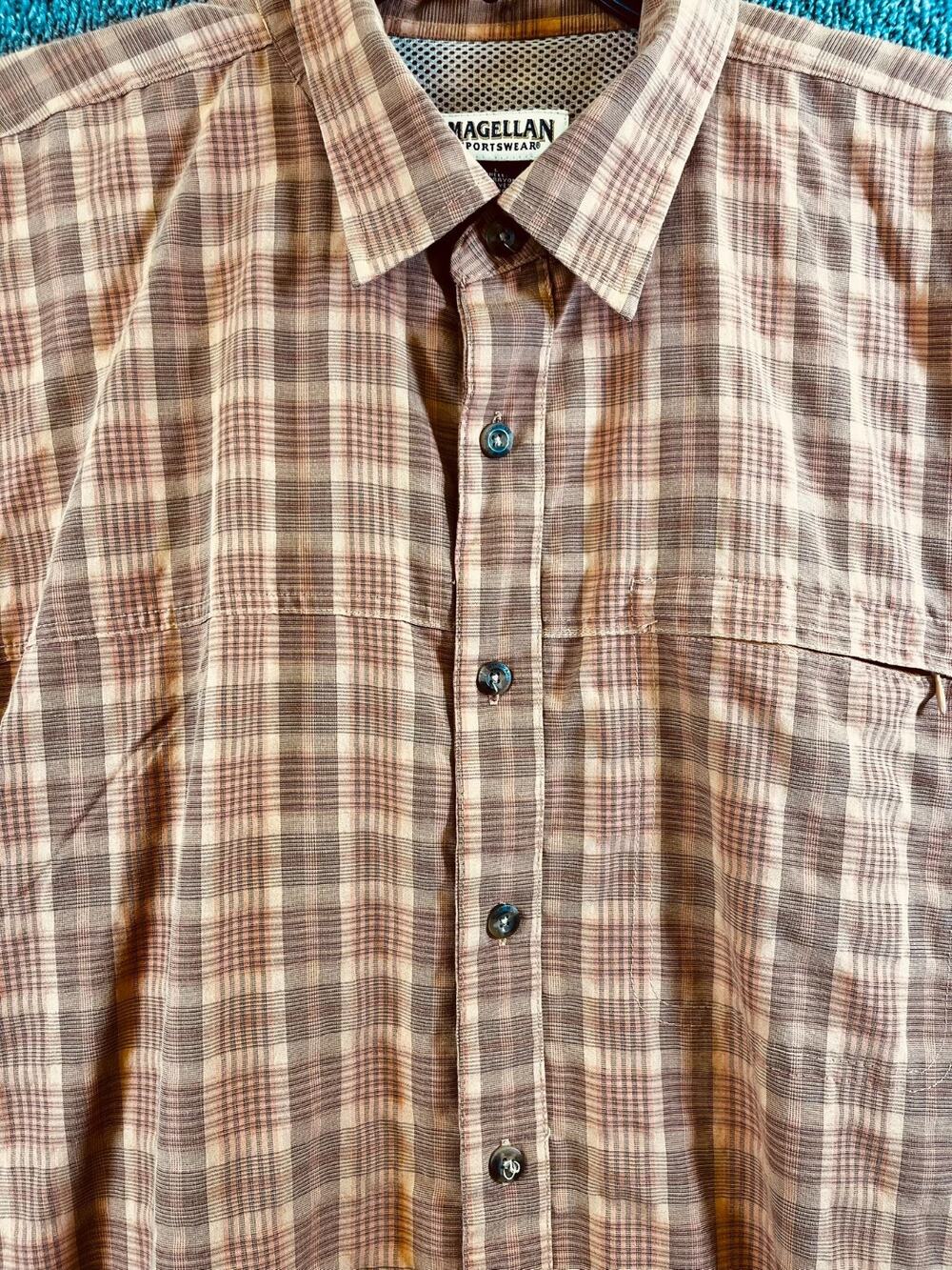 Magellan Short Sleeve Shirt Orange Plaid Button Up Zip Pocket Large